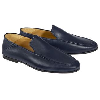 Deux mocassins en agneau nappa 2-en-1 en bleu foncé, ensemble sur fond blanc.