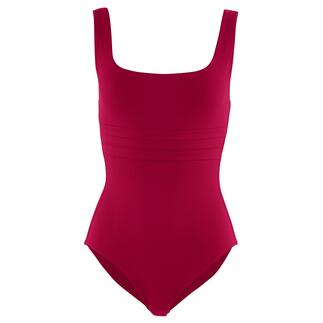 Maillot de bain rouge avec bretelles larges et des effets de fronces.
