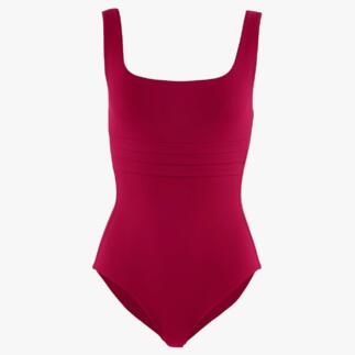 Maillot de bain rouge avec bretelles larges et des effets de fronces.