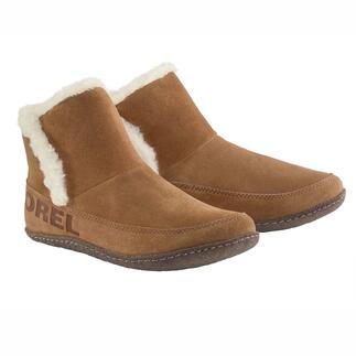 Deux bottes Sorel intérieures et extérieures marron avec col en fourrure.