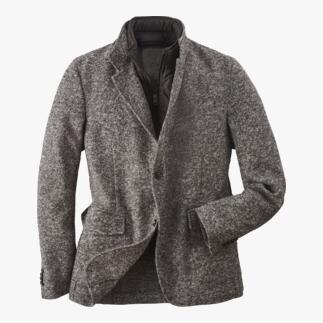 Blazer en gris chiné avec revers ouverts et une poche poitrine.