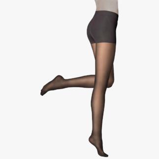 Femme portant des collants contour noirs, posant sur une jambe.