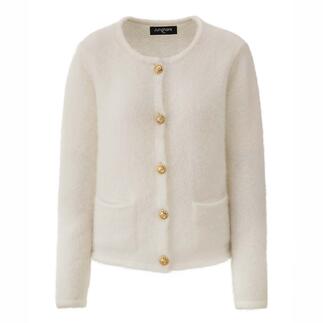 Cardigan en mohair blanc avec boutons et deux poches.