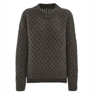 Pull vert foncé avec texture, col haut et coupe décontractée.