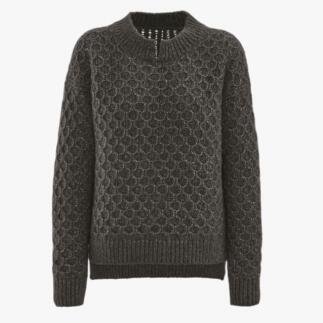 Pull vert foncé avec texture, col haut et coupe décontractée.