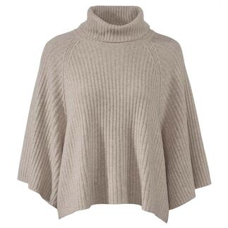 Poncho en cachemire gris avec col montant sur un fond blanc.