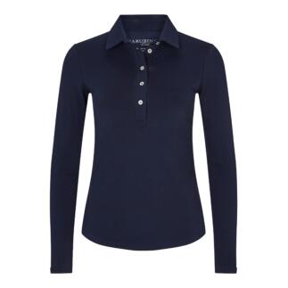 Polo shirt d'hiver bleu marine à manches longues et patte de boutonnage sur un fond blanc.