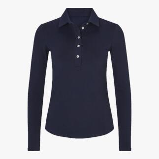 Polo shirt d'hiver bleu marine à manches longues et patte de boutonnage sur un fond blanc.