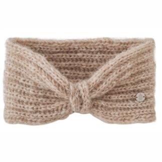 Bandeau en alpaga beige avec un noeud sur fond blanc.