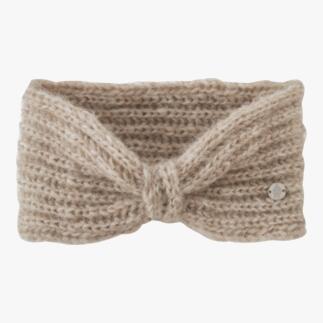 Bandeau en alpaga beige avec un noeud sur fond blanc.