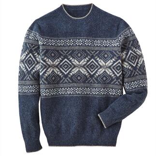 Pull norvégien bleu avec motifs, taille 48.