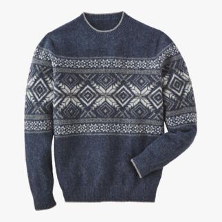 Pull norvégien bleu avec motifs, taille 48.