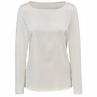 T-shirt en jersey de soie crème avec encolure ronde et manches longues en vue de face.
