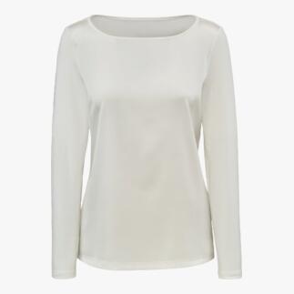 T-shirt en jersey de soie crème avec encolure ronde et manches longues en vue de face.