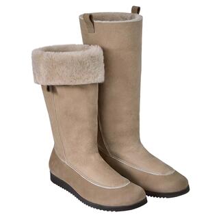 Bottes en agneau beige avec bord scellé, posées côte à côte.