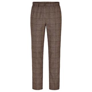 Vue avant d'un pantalon en laine à carreaux marron et beige.