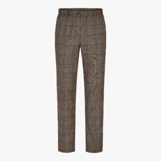 Vue avant d'un pantalon en laine à carreaux marron et beige.