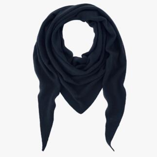 Foulard triangulaire en cachemire bleu marine drapé.