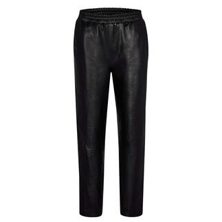 Pantalon jogger en cuir d'agneau noir sur fond blanc.