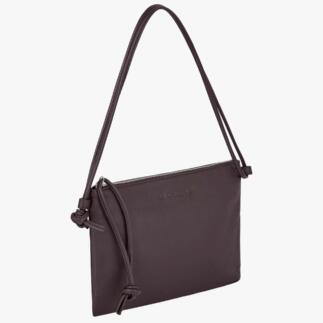 Sac crossbody marron avec fermeture éclair et bandoulière réglable.