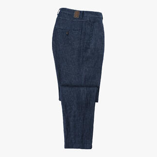 Pantalon en lin de couleur indigo vu de côté, avec une poche arrière.