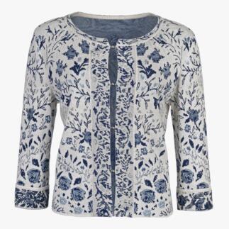 Cardigan fleuri avec des boutons et motif floral.