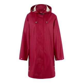 Vue avant d'un manteau de pluie rouge avec capuche et lacets.