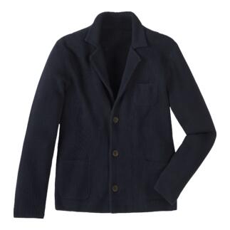 Blazer en tricot côtelé Pima bleu foncé sur fond blanc.