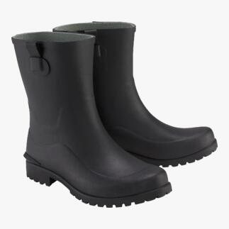 Deux bottes en caoutchouc noires de Green Comfort, côte à côte.