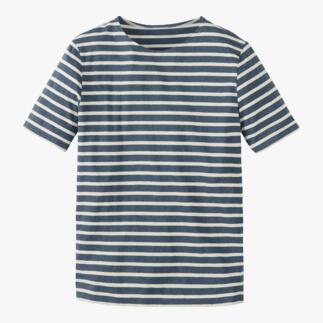 T-shirt rayé en bleu jean et écru sur fond blanc.