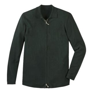 Polo-Cardigan vert avec fermeture éclair sur fond blanc.