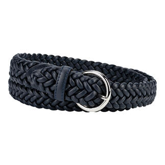 Ceinture en cuir tressé élastique navy, posée sur une table.