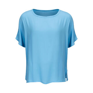 Vue avant d'un T-shirt-blouse bleu de Janice & Jo, taille 34.