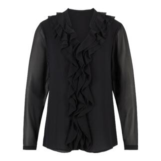 Blouse noire à volants de Janice & Jo, vue de face.