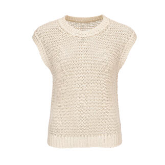 Pull beige en mesh à manches courtes en coton léger.
