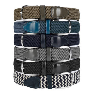Six ceintures élastiques de différentes couleurs, y compris bleu denim.