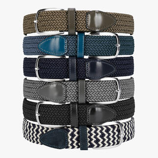 Six ceintures élastiques de différentes couleurs, y compris bleu denim.