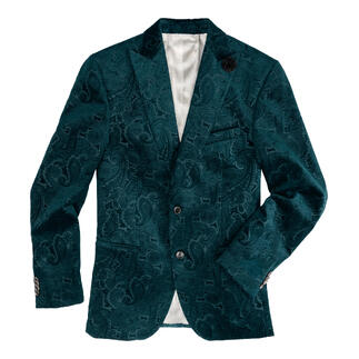 Veste paisley verte, vue détaillée avec texture et poches.