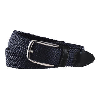 Ceinture élastique bleu marine en matériau tressé avec boucle argentée.