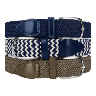 Trois ceintures élastiques en bleu, beige, et marine avec différentes boucles en métal