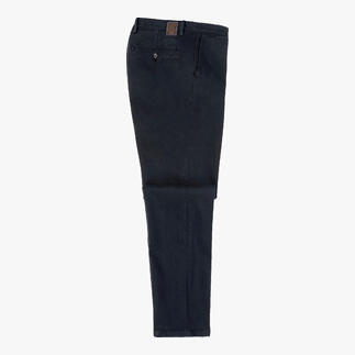 Pantalon en twill marine, vue de côté, décontracté et à la mode.