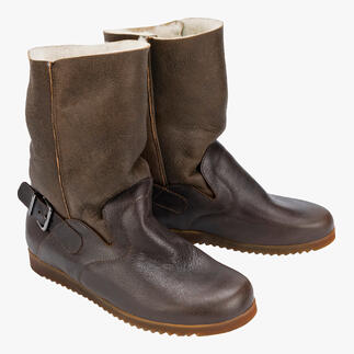 Bottes de motard souples couleur marron avec fermeture à boucles latérale et doublure douce.