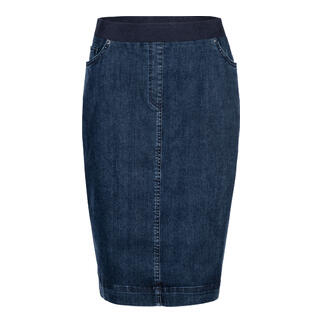 Vue de face d'une jupe en jean bleu avec taille élastique et coupe étroite.