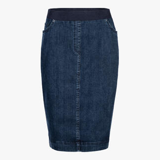 Vue de face d'une jupe en jean bleu avec taille élastique et coupe étroite.