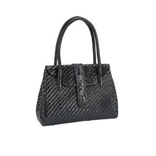Sac tote en cuir tressé Allan K en noir, debout.
