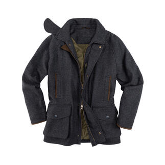Manteau de chasse Alan Paine en tissu gris avec plusieurs poches et accents bruns.