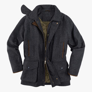 Manteau de chasse Alan Paine en tissu gris avec plusieurs poches et accents bruns.