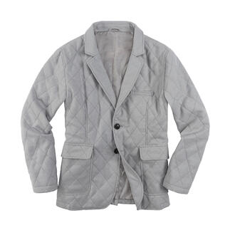 Veste matelassée en cachemire grise sur fond blanc, légèrement ouverte.