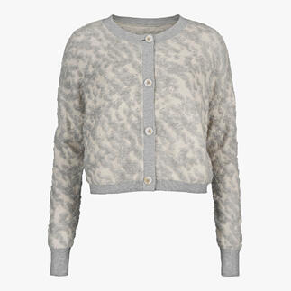 Veste jacquard 3D grise avec boutons et encolure ronde.