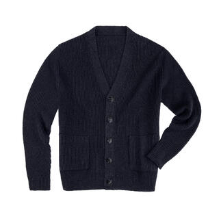 Vue de face d'un cardigan marine avec des poches et des boutons